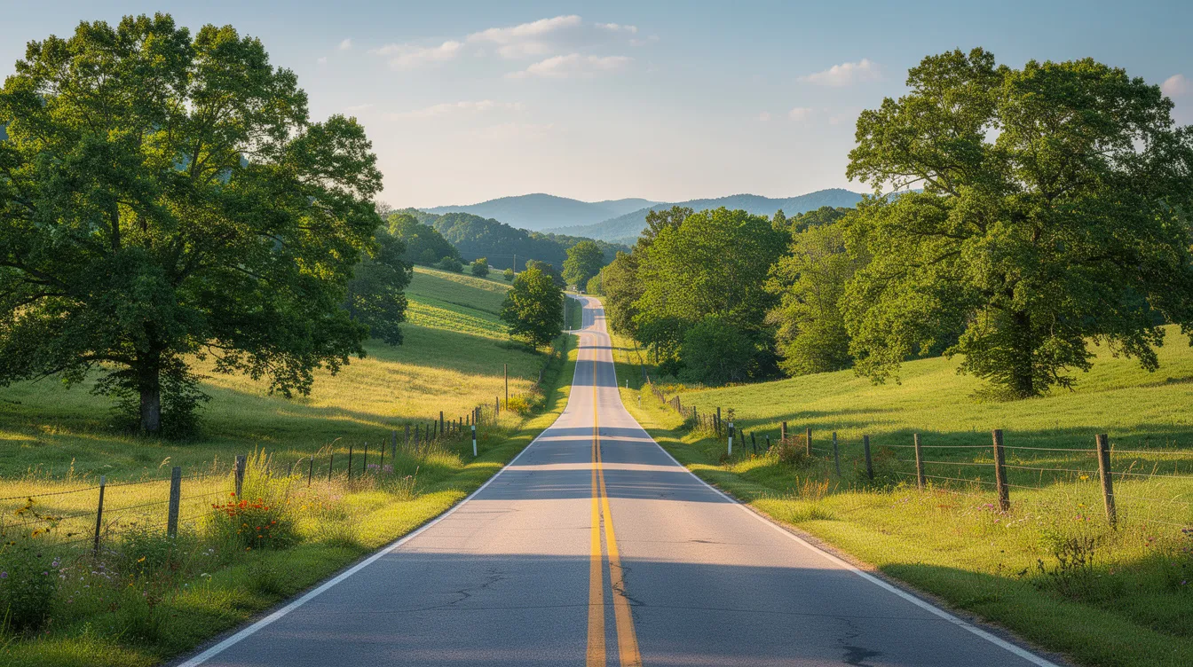 The image depicts a picturesque Tennessee countryside road, lined with lush green hills and vibrant trees, creating a serene and inviting atmosphere. This scenic view reflects the natural beauty of Tennessee, a state known for its landscapes and legal processes, including the expungement of criminal records.