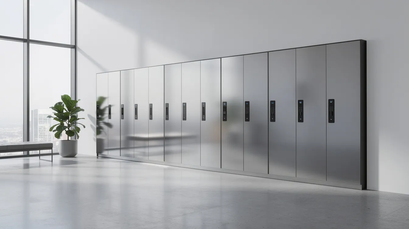 The image features a row of sleek metal smart lockers installed along a wall in a modern office lobby, showcasing advanced smart lock models designed for robust security features and easy access control. These smart lockers represent an efficient solution for managing access to commercial spaces, accommodating multiple users with features like app control and keyless entry.