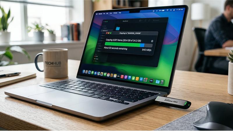 USB flash drive transferring files on a computer