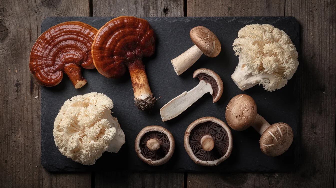 The image features a variety of fresh mushrooms, including reishi, lion's mane, and shiitake, beautifully arranged on a dark slate cutting board. These functional mushrooms are known for their health benefits, including immune support and cognitive health, making them popular in mushroom supplements and mushroom gummies.