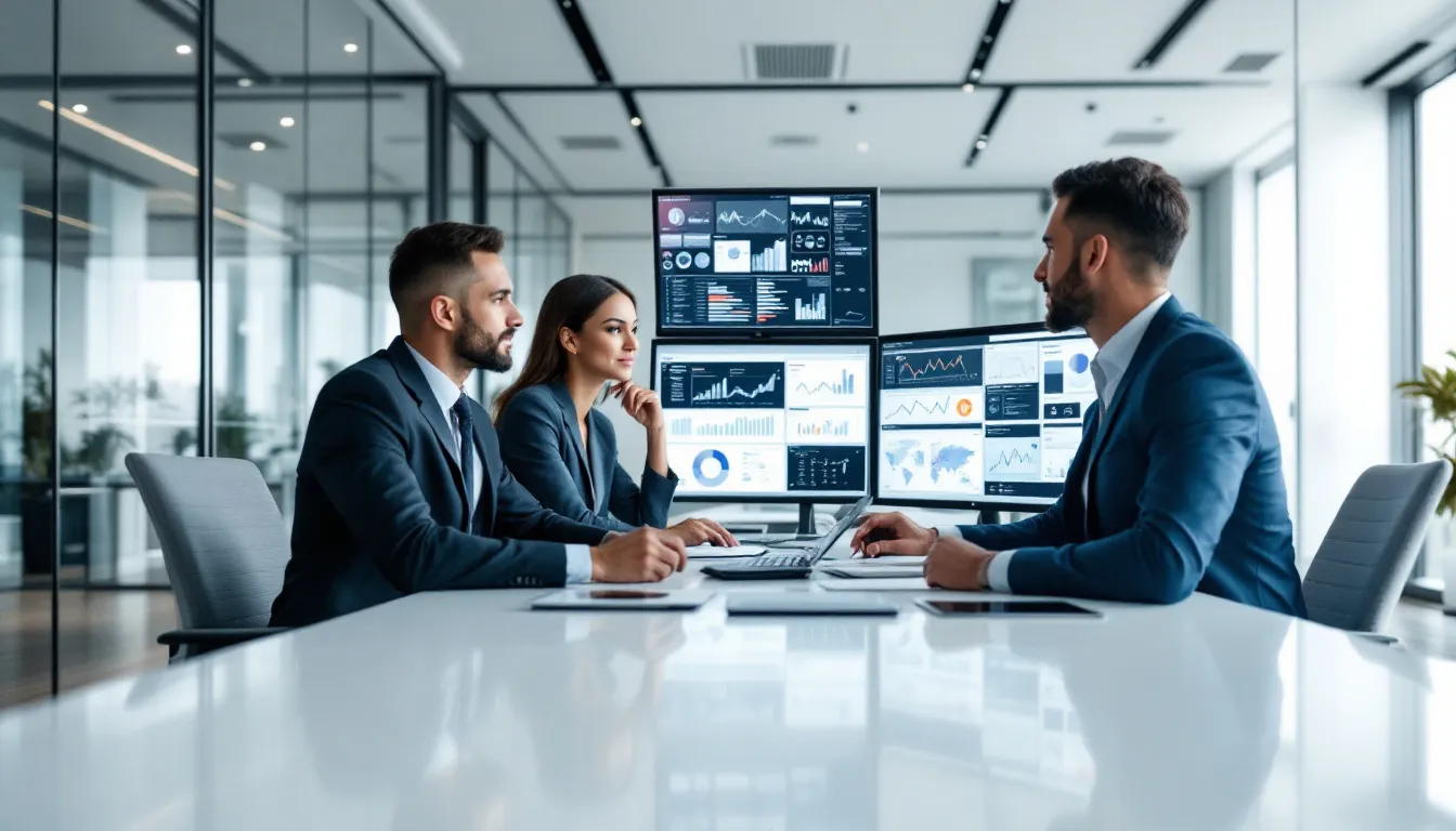 In a modern office setting, business professionals are engaged in analyzing complex data visualizations displayed on multiple monitors, highlighting the importance of data integration and virtualization for effective decision making. The scene reflects a collaborative environment where users leverage various data sources and tools, such as Talend and Oracle databases, to ensure data quality and governance in their workflows.