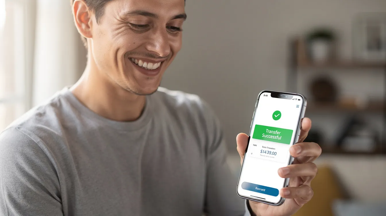 A smiling person is holding a smartphone that displays a notification confirming a successful international money transfer, highlighting the ease and efficiency of using Canara Bank's services for sending funds across foreign countries. The image conveys a sense of satisfaction with the transaction, which emphasizes the low fees and better exchange rates offered by the bank.