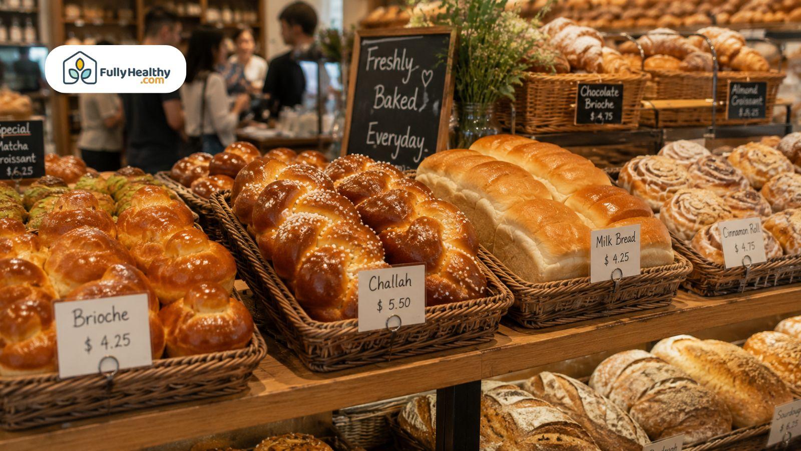 Assorted enriched breads including brioche, challah, and milk bread in a bakery display.