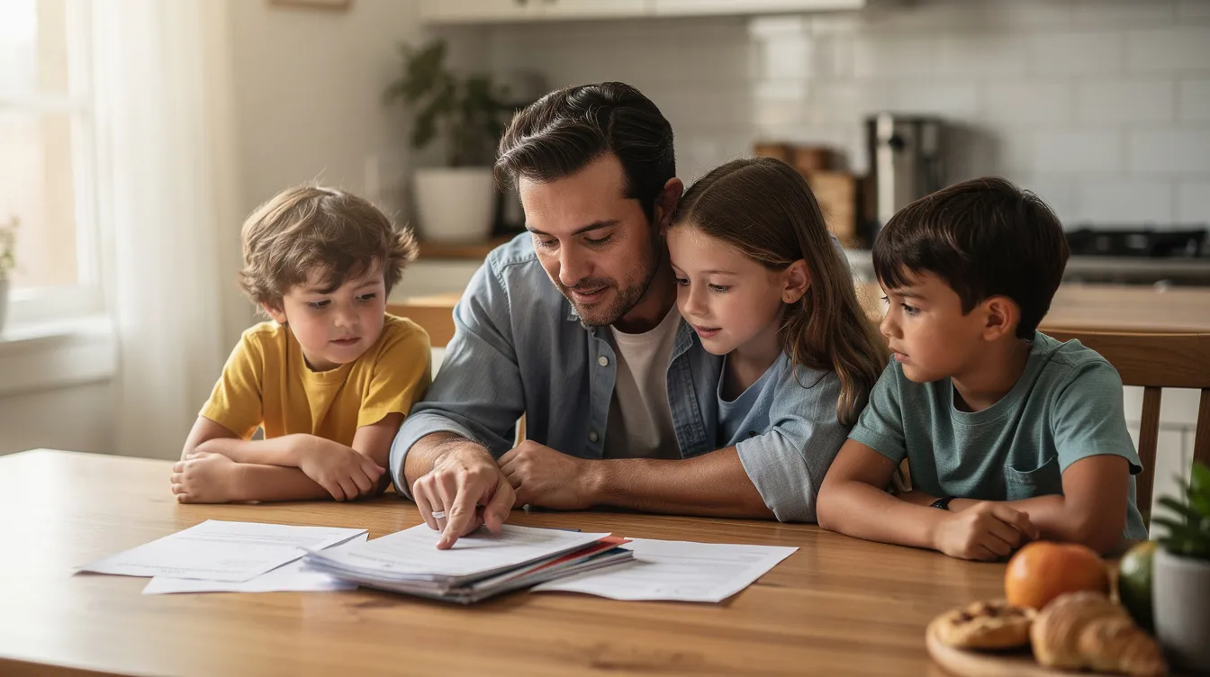 A family is gathered around a kitchen table, reviewing paperwork that likely includes medical records and financial documents related to disability benefits, such as social security disability insurance and assistance for cancer patients. The atmosphere is supportive as they discuss important matters regarding health insurance and eligibility for services.