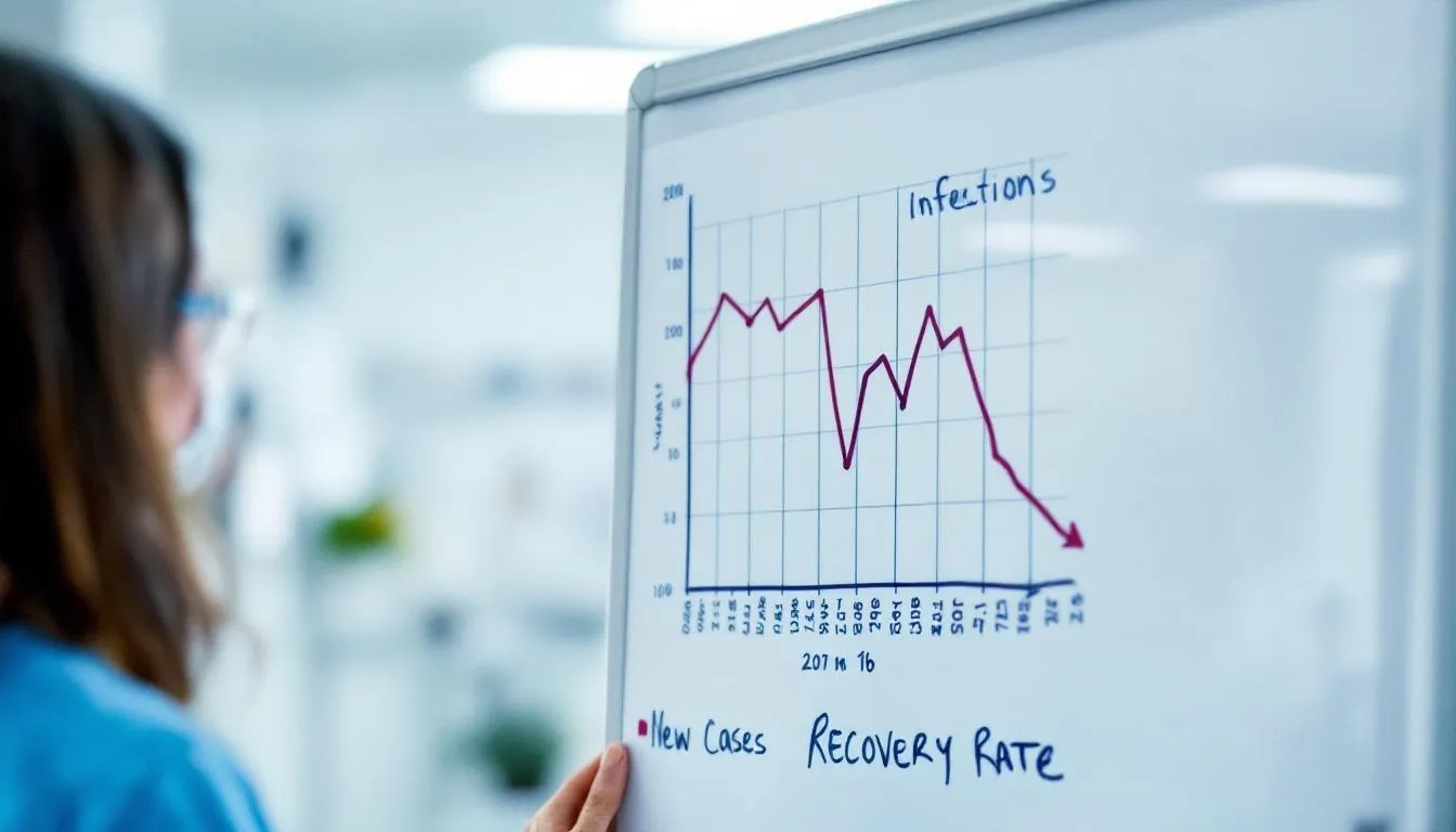 The image depicts a medical chart illustrating the declining rates of healthcare-associated infections within a healthcare facility, highlighting the effectiveness of infection prevention measures and control strategies implemented by healthcare workers. This visual representation serves as a valuable tool for monitoring adherence to infection control protocols and improving patient safety in healthcare settings.