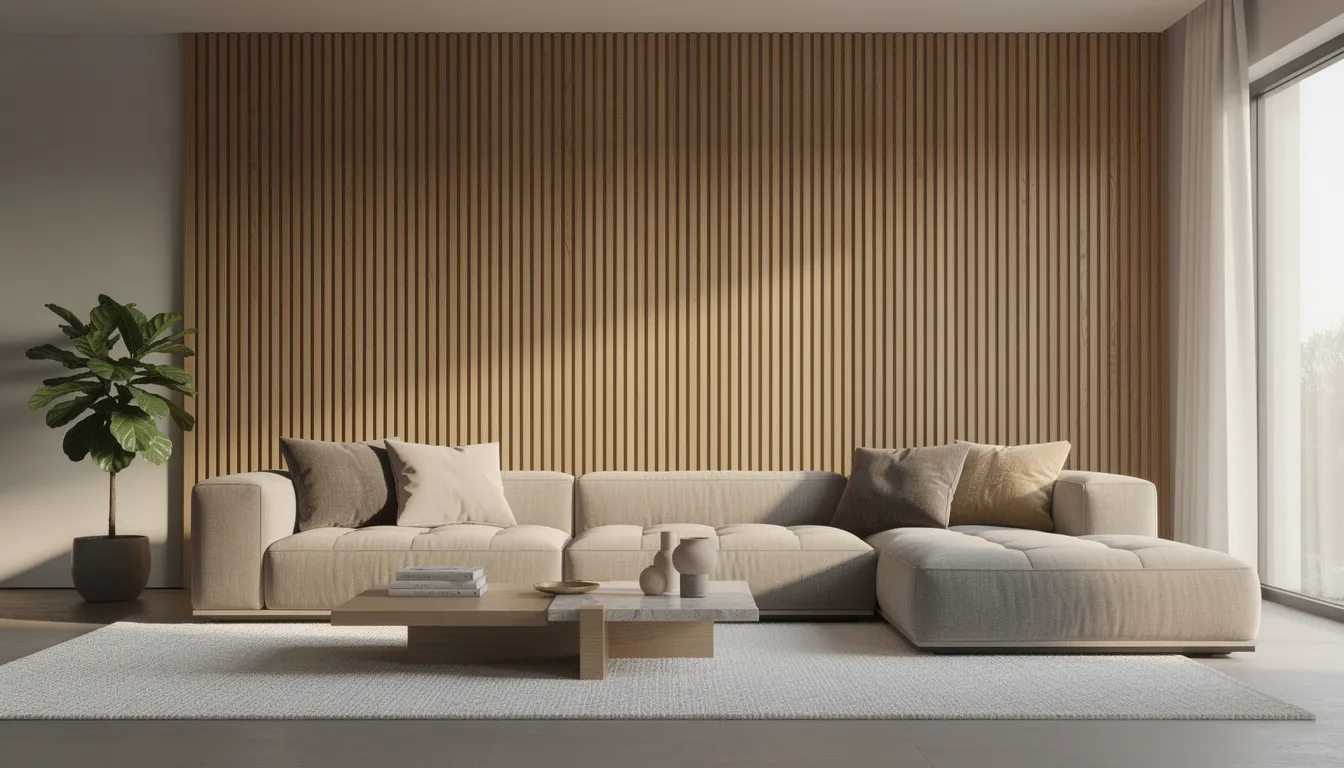 Een moderne woonkamer met een verticale houten lattenwand achter een luxe modulaire bank in neutrale tinten, die een warme en natuurlijke uitstraling biedt. De wandpanelen zorgen voor een stijlvolle oplossing en dragen bij aan de akoestiek van de ruimte.