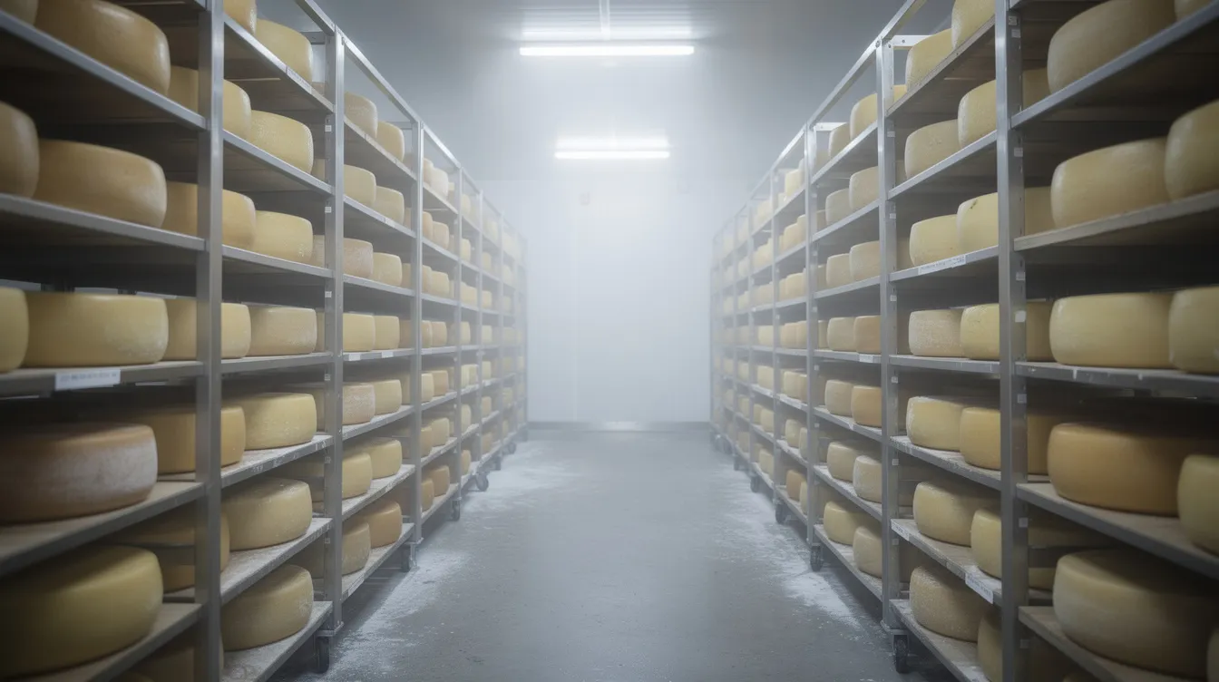cb634317 05c3 4371 bd01 0e4d48943940 The image depicts a large refrigerated cold storage room filled with rows of cheddar cheese blocks aging on metal shelves, highlighting the cheese manufacturing process within the dairy industry. This environment is essential for maintaining the quality and flavor of various cheese types, showcasing the operational efficiency of a cheese manufacturing plant.