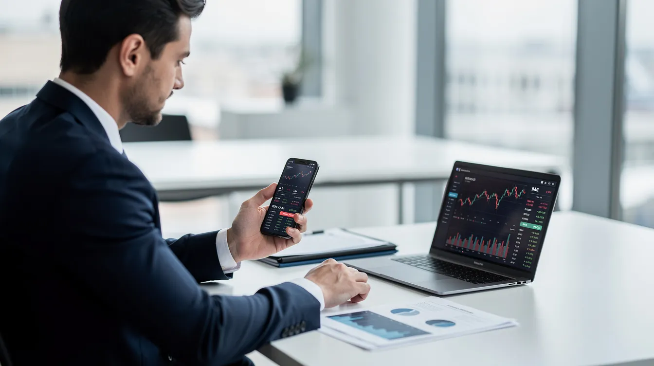 A professional dressed in office attire is using a smartphone to manage financial matters, reflecting the duties of a civil servant in the Hong Kong Special Administrative Region. This image captures the essence of a new entrant in the civil service, preparing for their role in 2026.