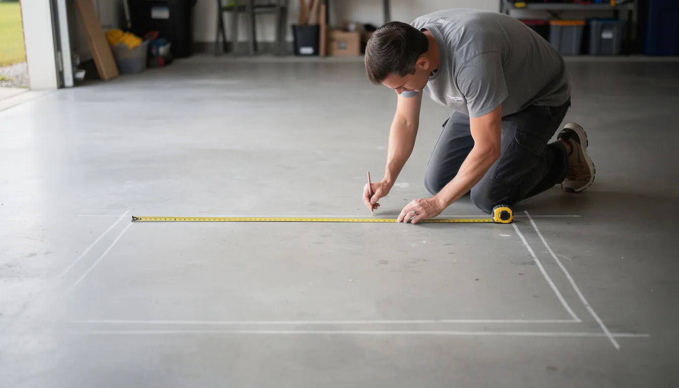 A person is using a measuring tape on a garage floor to outline the footprint for a cold plunge tub, ensuring precise placement for optimal cold water immersion therapy. The scene highlights the preparation for setting up a sleek and compact plunge tub, suitable for both indoor and outdoor use.