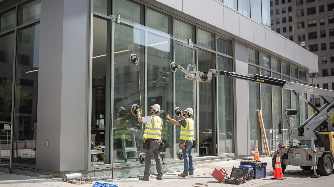 A team of professional construction workers installing a large transparent security glass panel.