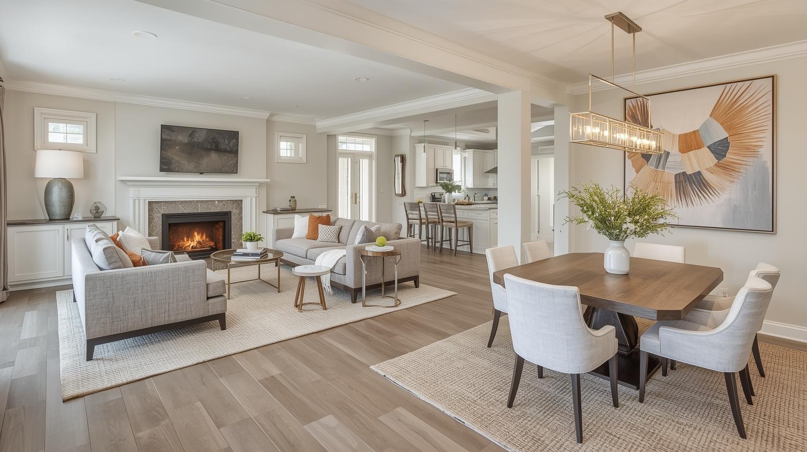 Open plan living dining room in muted neutral tones with a fire place and tv.