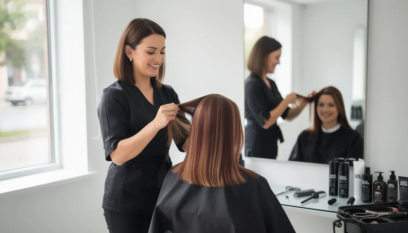 Una estilista sonriente muestra el resultado de una coloración en el cabello de una clienta en un salón luminoso y moderno. La imagen refleja la satisfacción del cliente y la atención al detalle en los servicios de belleza, ideal para promocionar estrategias de ventas a través de WhatsApp.
