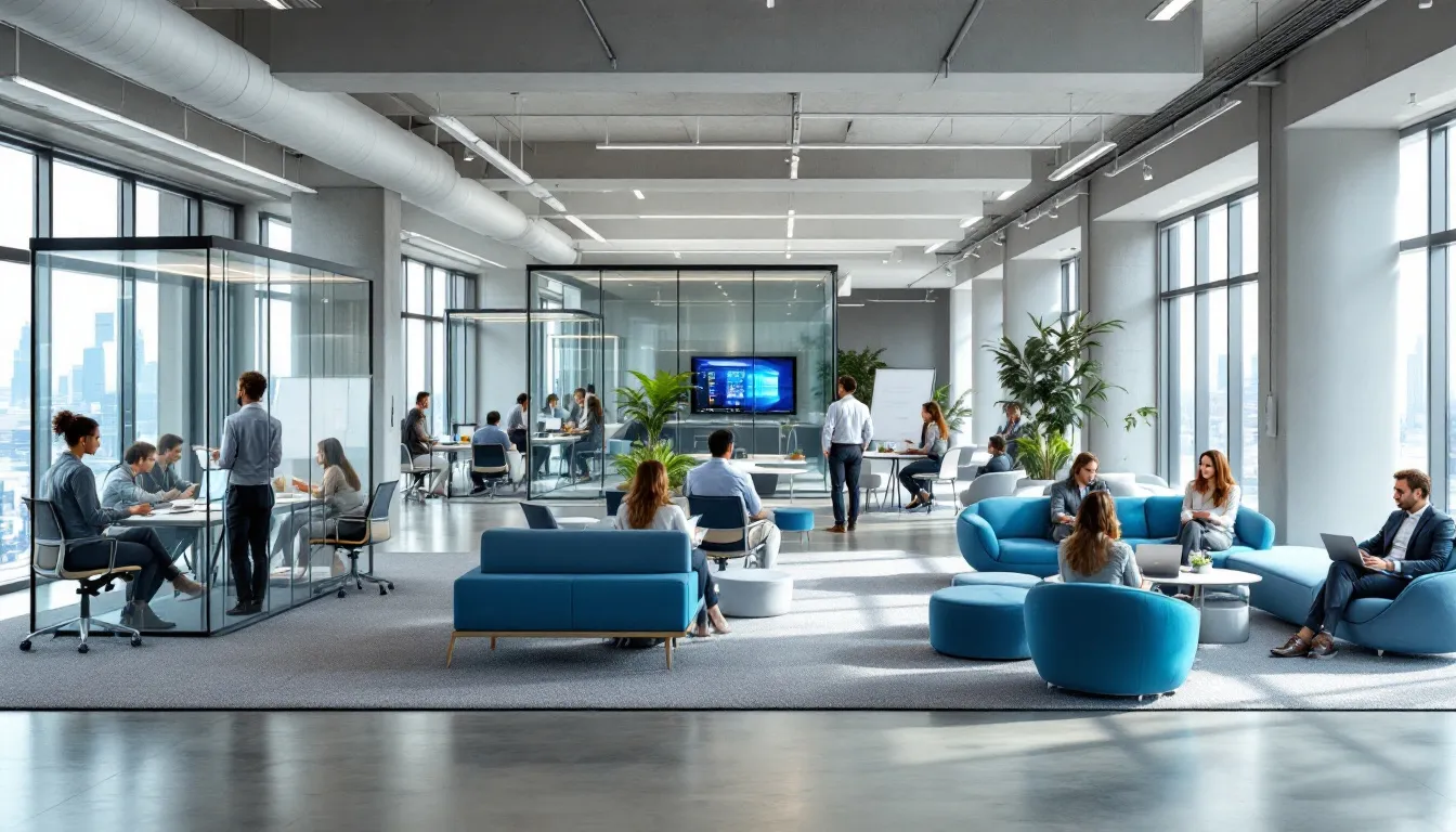 The image depicts a modern architectural office space filled with diverse professionals collaborating in a vibrant environment, highlighting the importance of diversity in the architecture profession. This setting symbolizes the commitment to overcoming challenges such as the gender pay gap and promoting equal opportunities for women in leadership roles within the industry.
