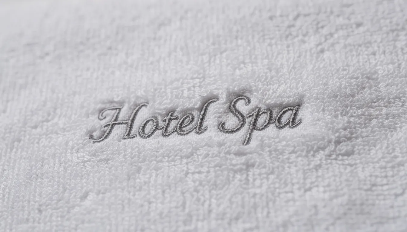 Na zdjęciu widać zbliżenie na haftowane logo firmy na białym ręczniku frotte, które zostało perfekcyjnie wykonane metodą haftu. Ręcznik ten, wykonany z wysokiej jakości bawełny, może być doskonałym pomysłem na personalizowany upominek lub gadżet reklamowy.