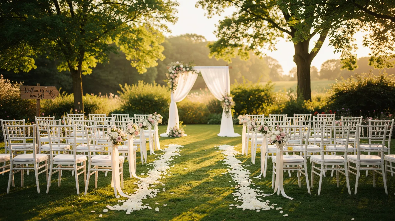 Een trouwlocatie in een groene buitenomgeving, met rijen stoelen opgesteld voor gasten, waar een persoonlijke ceremonie kan plaatsvinden. Deze setting biedt een sfeervolle achtergrond voor een onvergetelijke officiële huwelijksvoltrekking, geleid door een goede babs.