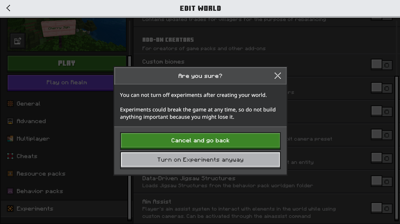 The enabled "Experimental Gameplay" setting.