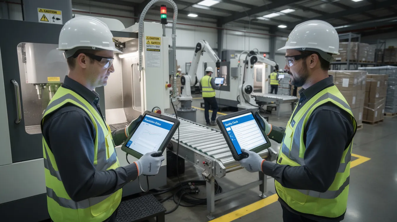 The image shows manufacturing employees using tablets while standing near various industrial equipment, engaging in training sessions and tracking their progress with employee training tracking software. This scene highlights the importance of skill development and compliance management within training programs in a manufacturing environment.