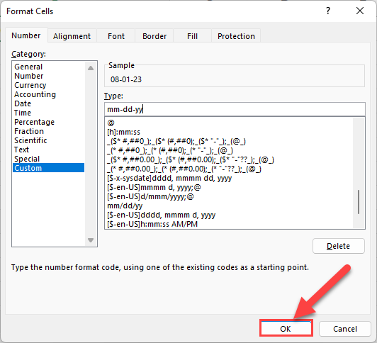Click the "OK" button of the "Format Cells" window.