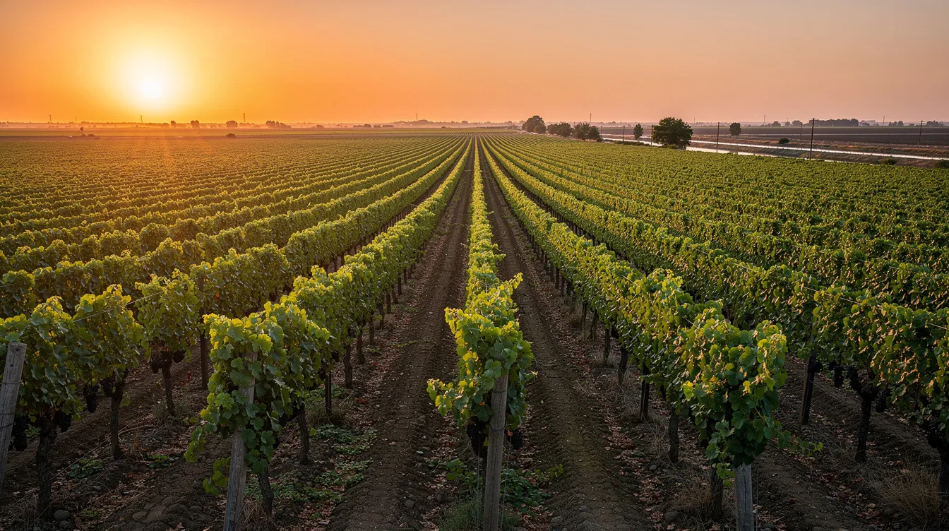 A picturesque sunset bathes flat Delta farmland in golden light, with rows of vineyards stretching into the distance, embodying the charm of wine country. This serene landscape invites visitors to explore the tasting experiences offered by many wineries, where they can enjoy complimentary tastings and learn about different wine varieties like cabernet sauvignon and pinot noir.