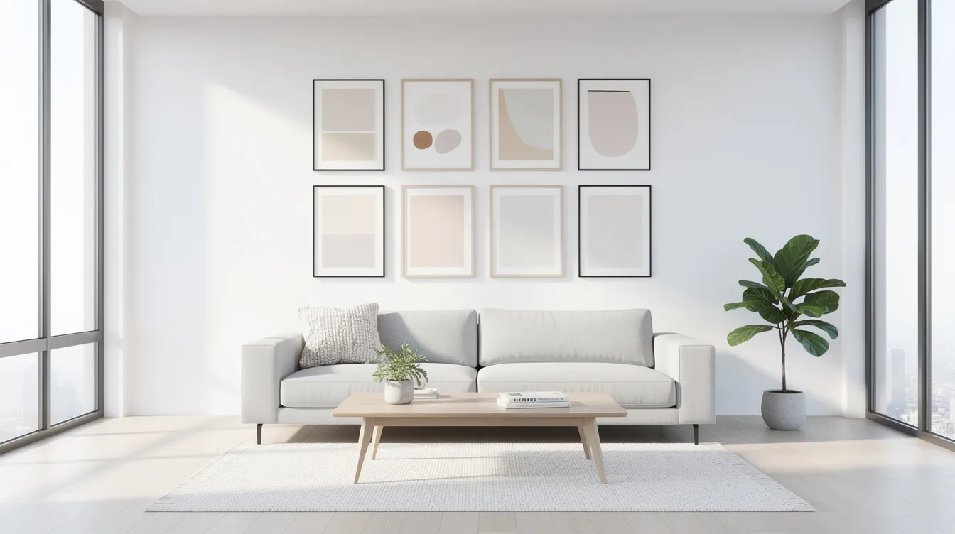 The image depicts a minimalist gallery wall arrangement featuring various wall art prints in a bright modern living space, creating a stylish focal point. The collection includes framed prints and canvas art that reflect personal taste and adds depth to the room.