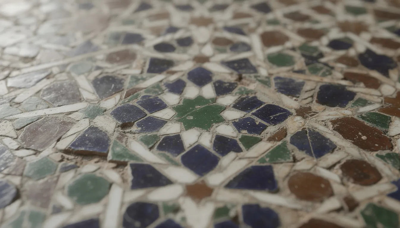 This close-up image showcases intricate zellige tilework featuring vibrant geometric patterns in traditional colors of blue, white, green, and brown, reflecting the artistry of Moroccan craftsmanship. The detailed tiles are a hallmark of Moroccan architecture, often found in the interior courtyards of riads, embodying the rich cultural heritage of Morocco.