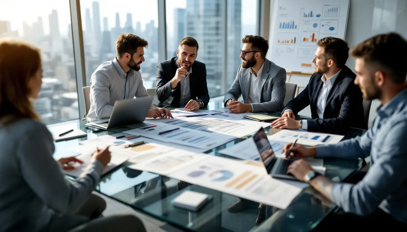 In a conference room, a group of diverse professionals is gathered around a large table, reviewing detailed hotel construction plans and financial documents, discussing key business decisions for a new hotel business. The atmosphere is focused and collaborative, reflecting the importance of strategic planning in the hospitality industry to ensure a successful hotel business.