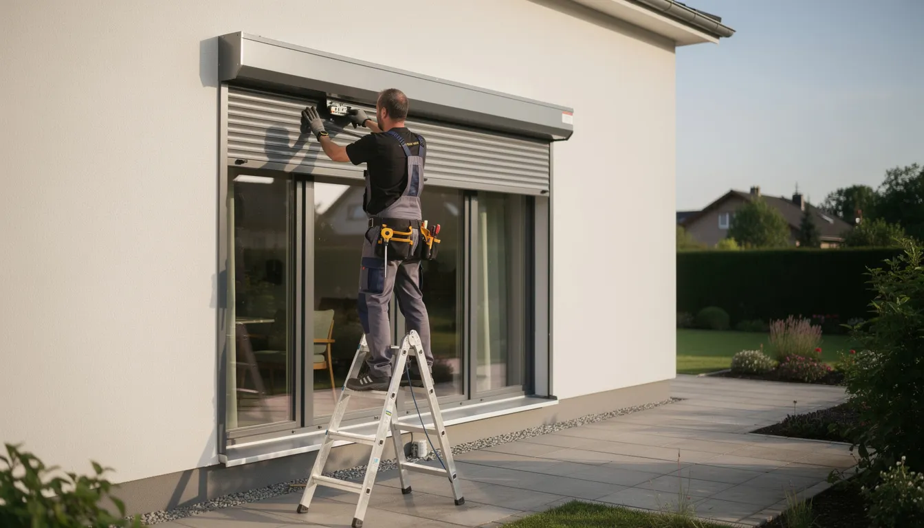 Een technicus is bezig met het herstellen van een voorzetrolluik aan de buitenkant van een woning, waarbij hij aandacht besteedt aan de defecte rolluikmotor en de werking van de manuele rolluiken. De technicus gebruikt gereedschap om ervoor te zorgen dat het rolluik weer soepel en perfect functioneert.
