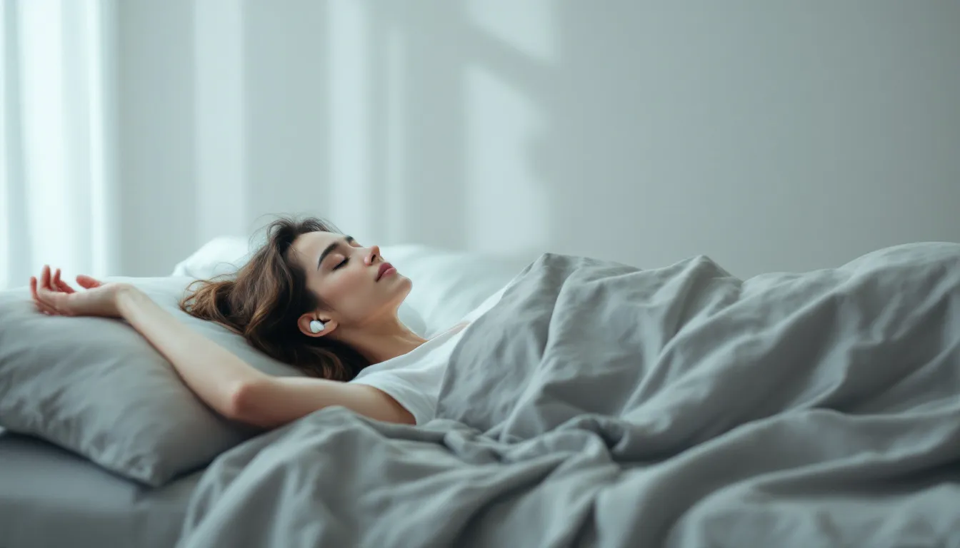 A person peacefully sleeping with sleep ear plugs in their ears, showcasing a restful night's sleep.