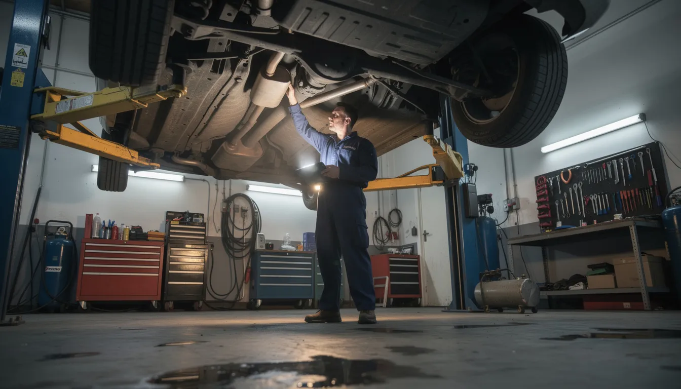 A mechanic is inspecting the underside of a raised vehicle in a workshop, checking for structural damage and ensuring the vehicle's safety and integrity. This inspection is crucial for assessing any potential repairs needed for written off vehicles or those requiring substantial repairs.
