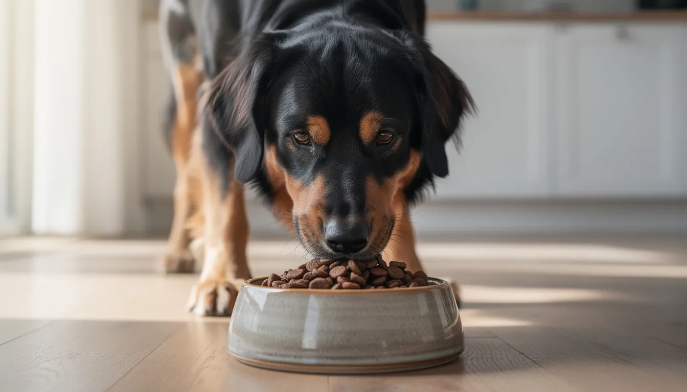 A Hovawart dog with a thick black and gold coat is happily eating high-quality kibble from a dog bowl, showcasing its loyal and intelligent nature. This large breed, known for being a wonderful companion and great family dog, enjoys a healthy meal in a cozy setting.