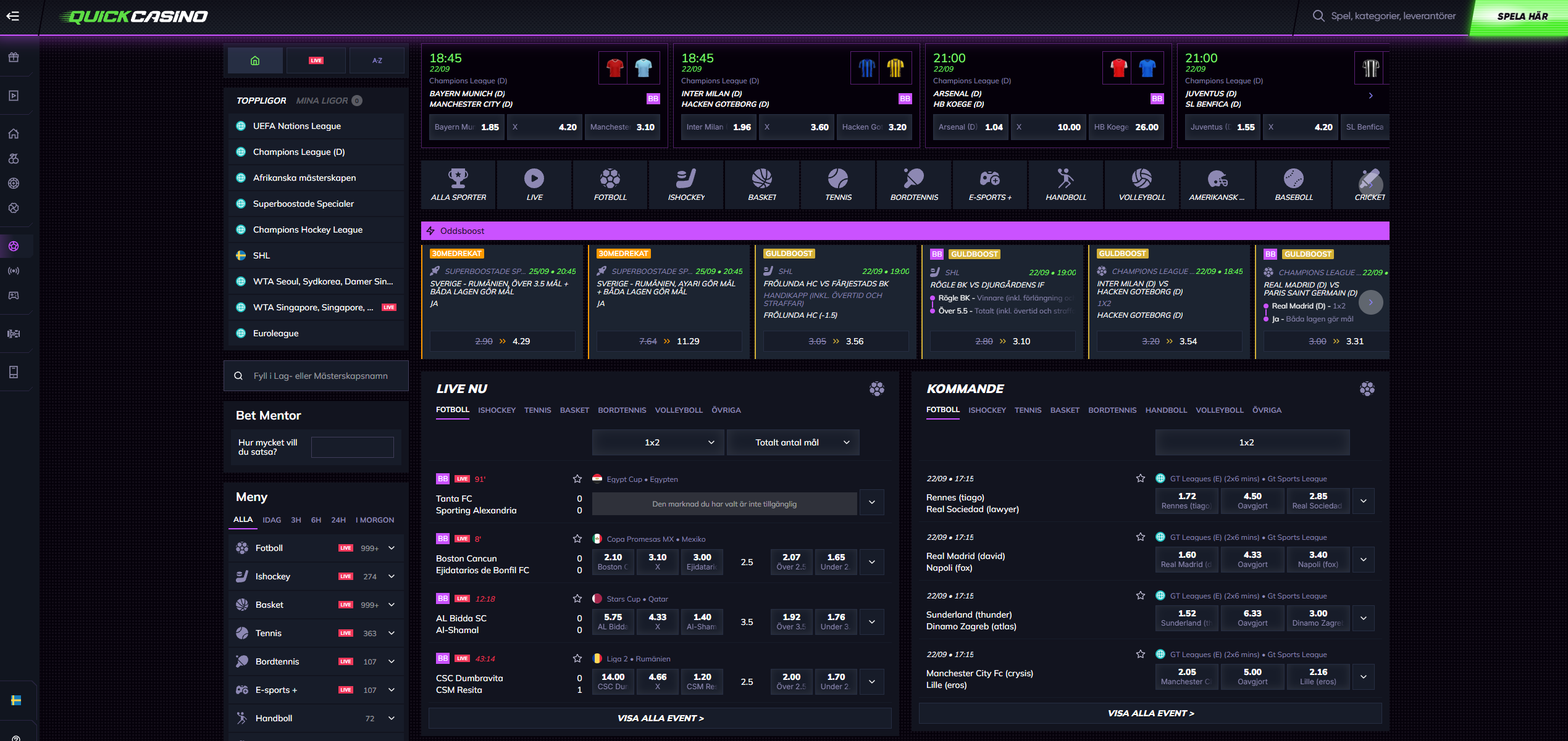 Quick Casinos sportsbook med live odds, kommande matcher och flera olika sporter.