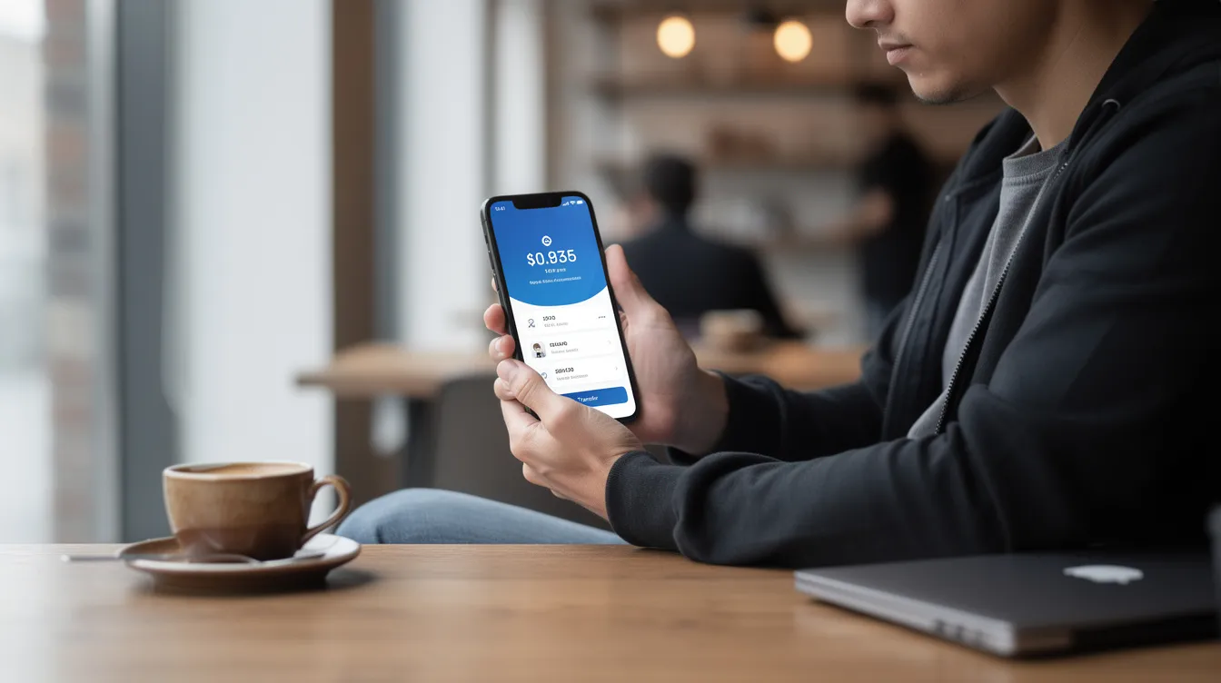 A person is seated at a cafe table, holding a smartphone displaying a banking app interface, showcasing various banking services. This image reflects the convenience of digital banking in the UAE, highlighting the modern approach to personal banking and wealth management services.