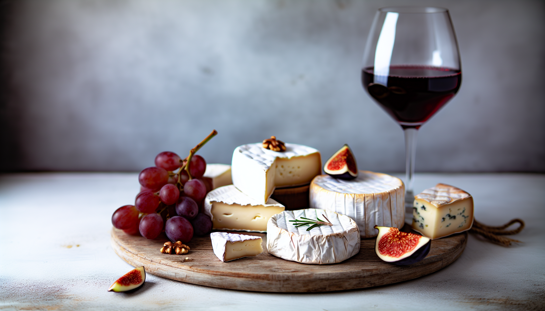 Assortment of soft cheeses with light-bodied red wines
