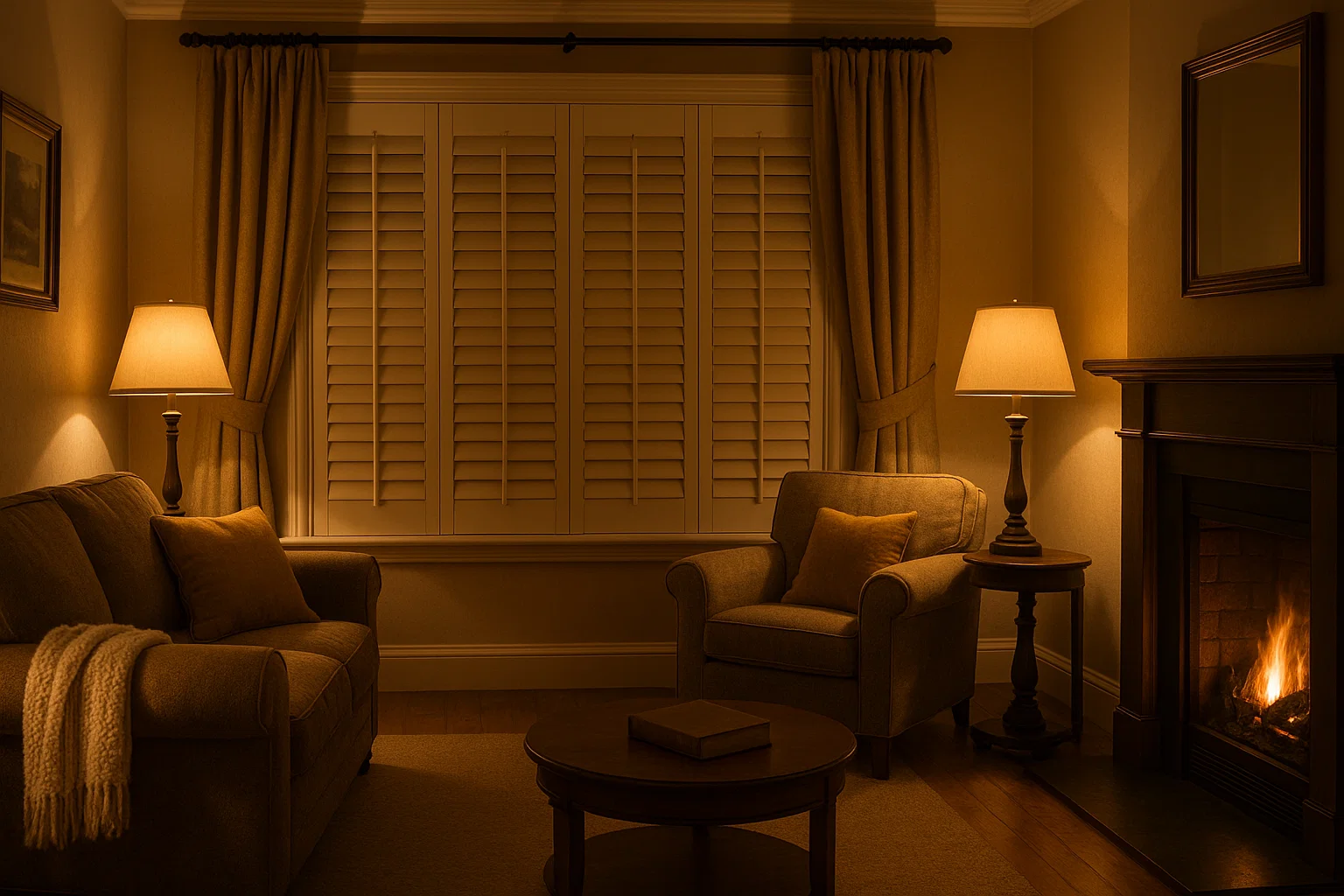 Plantation shutters closed in a UK living room for energy efficiency