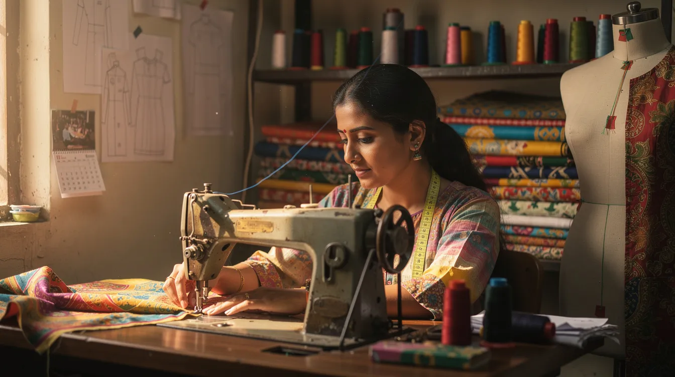 cb78ec06 247f 4fe3 bfb8 54c223604fe6 An Indian woman entrepreneur is focused on her work at a sewing machine in her small tailoring workshop, showcasing her dedication to her craft and business. This scene reflects the spirit of micro enterprises and the potential for financial assistance through schemes like the Pradhan Mantri Mudra Yojana, which supports small businesses in India.