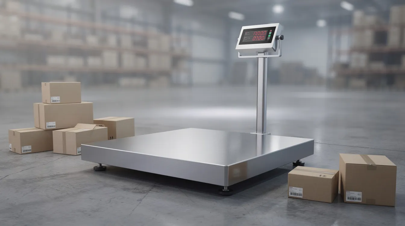 The image features a stainless steel industrial platform scale situated on a warehouse floor, surrounded by various packages. This electronic weighing scale is designed for precise readings and accurate measurements, making it essential for industrial use and efficient weight tracking.