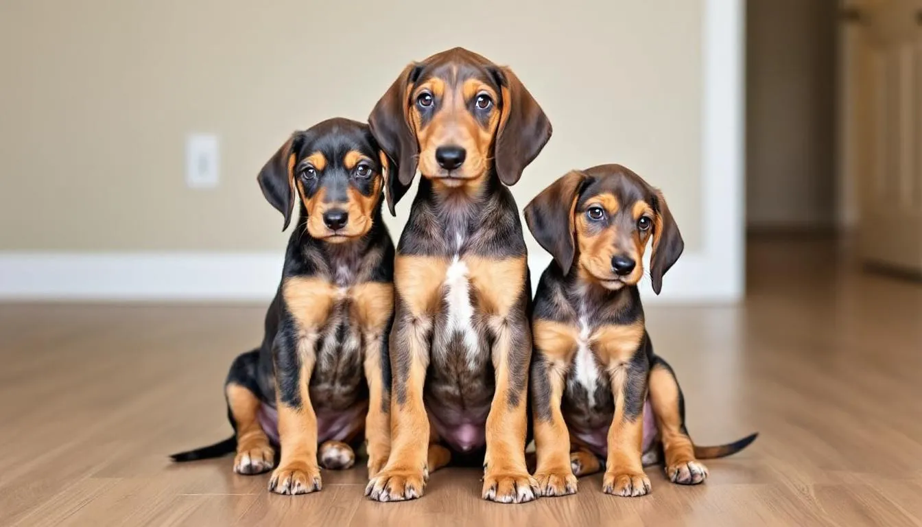Three playful plott hound puppies are shown, each with distinct brindle stripe patterns, showcasing their glossy coats in shades of brown, tan, and black. These adorable puppies, known for their hunting dog lineage and belonging to the plott family from North Carolina, have floppy ears and lively expressions, embodying the spirited nature of plott hounds today.