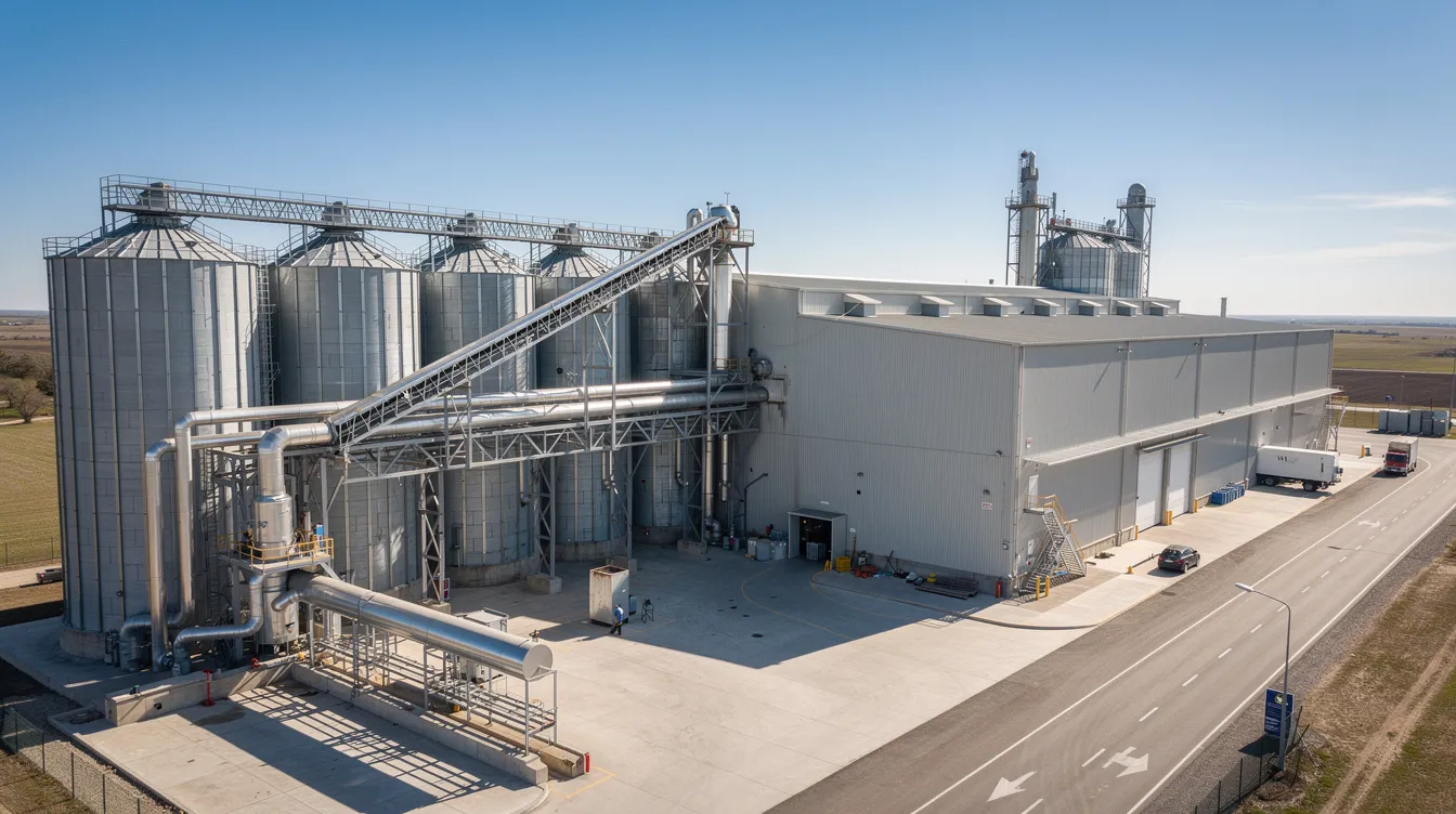 The image shows a wide view of a large industrial oilseed processing facility, featuring towering storage silos, extensive metal piping, and conveyor structures, all set against a clear blue sky. This solvent extraction plant is designed for high efficiency in oil extraction processes, highlighting its role in the processing industry.