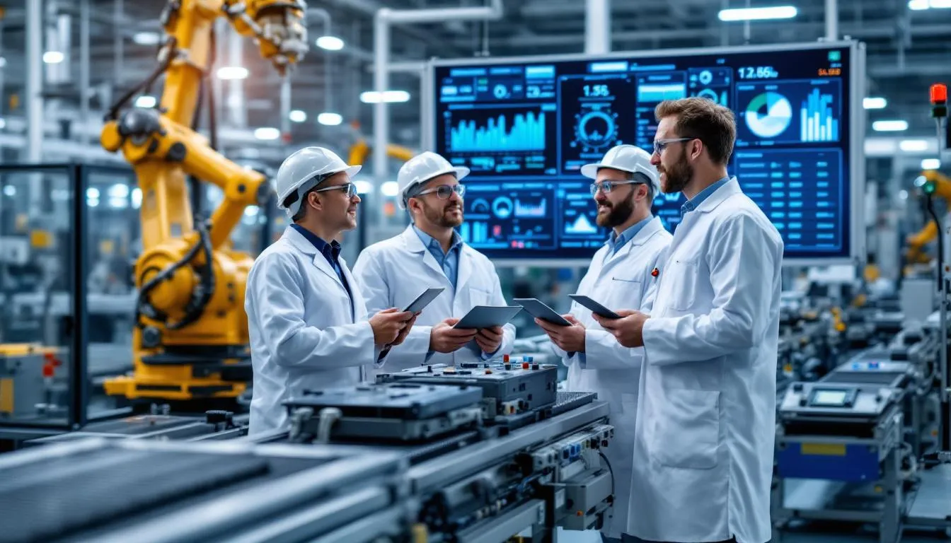 A manufacturing assessment team is gathered around a production line, closely examining equipment and control systems to enhance operational efficiency through data driven manufacturing techniques. They are utilizing data analytics and advanced technologies to identify potential improvements in the production process and ensure quality control.