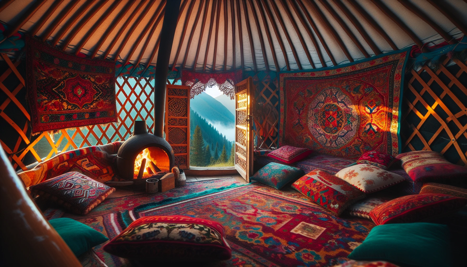 Cozy interior of a colorful Kazakh yurt in the Altai Mountains