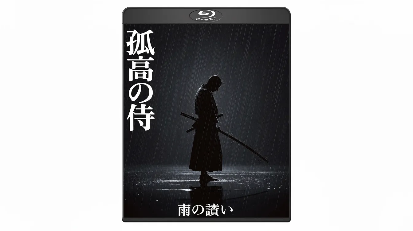Die stilisierte Blu-ray-Hülle zeigt die Silhouette eines einzelnen Samurai, der im strömenden Regen steht, vor einem dunklen Hintergrund. Das minimalistische Design enthält japanische Schriftzeichen und erinnert an Akira Kurosawas Klassiker "Die sieben Samurai" (Shichinin no samurai).
