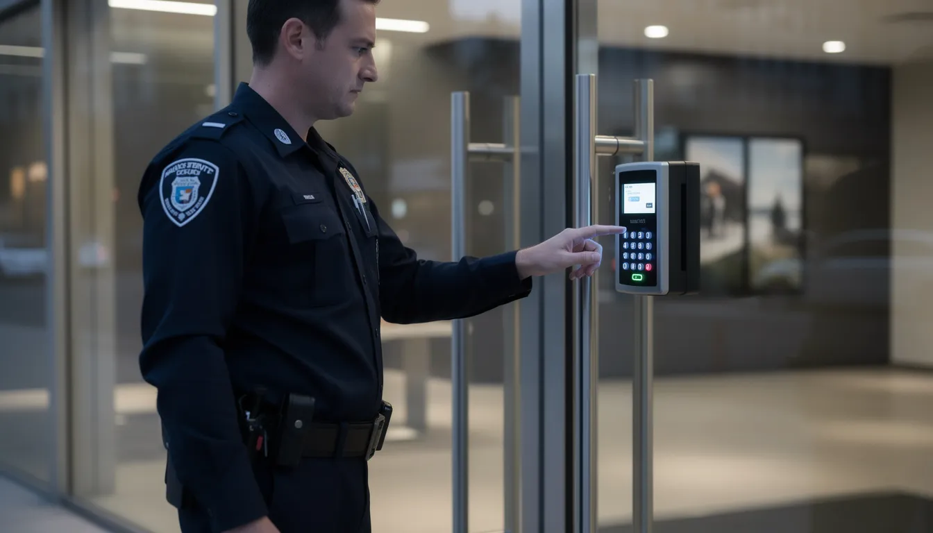 A security guard in uniform is intently checking an electronic access panel at a building entrance, ensuring controlled access and maintaining safety. This scene highlights the professional security services that are crucial for protecting corporate offices and residential communities.