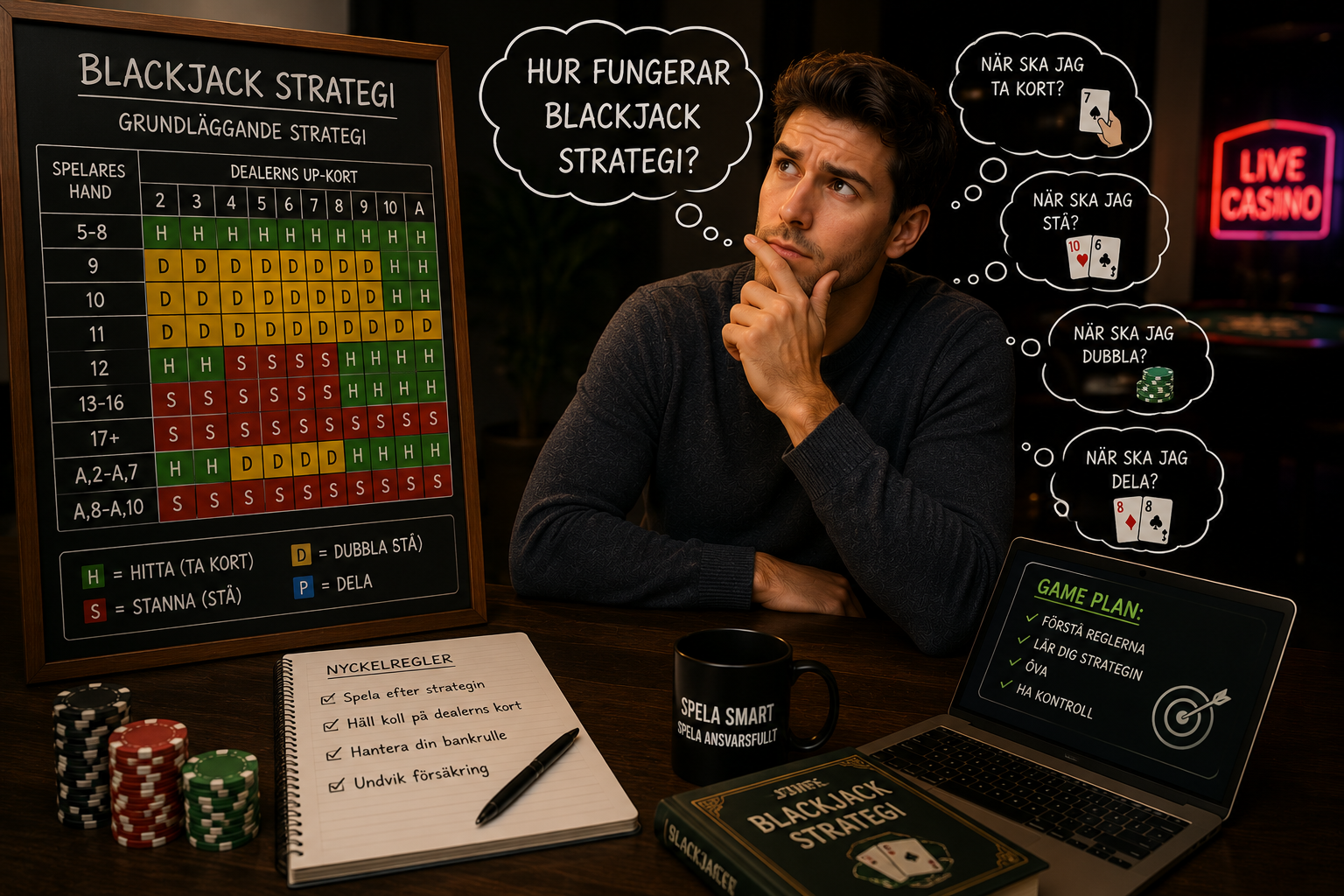 Person studerar blackjack strategi framför strategitabell med regler för hit, stand, split och dubbla.