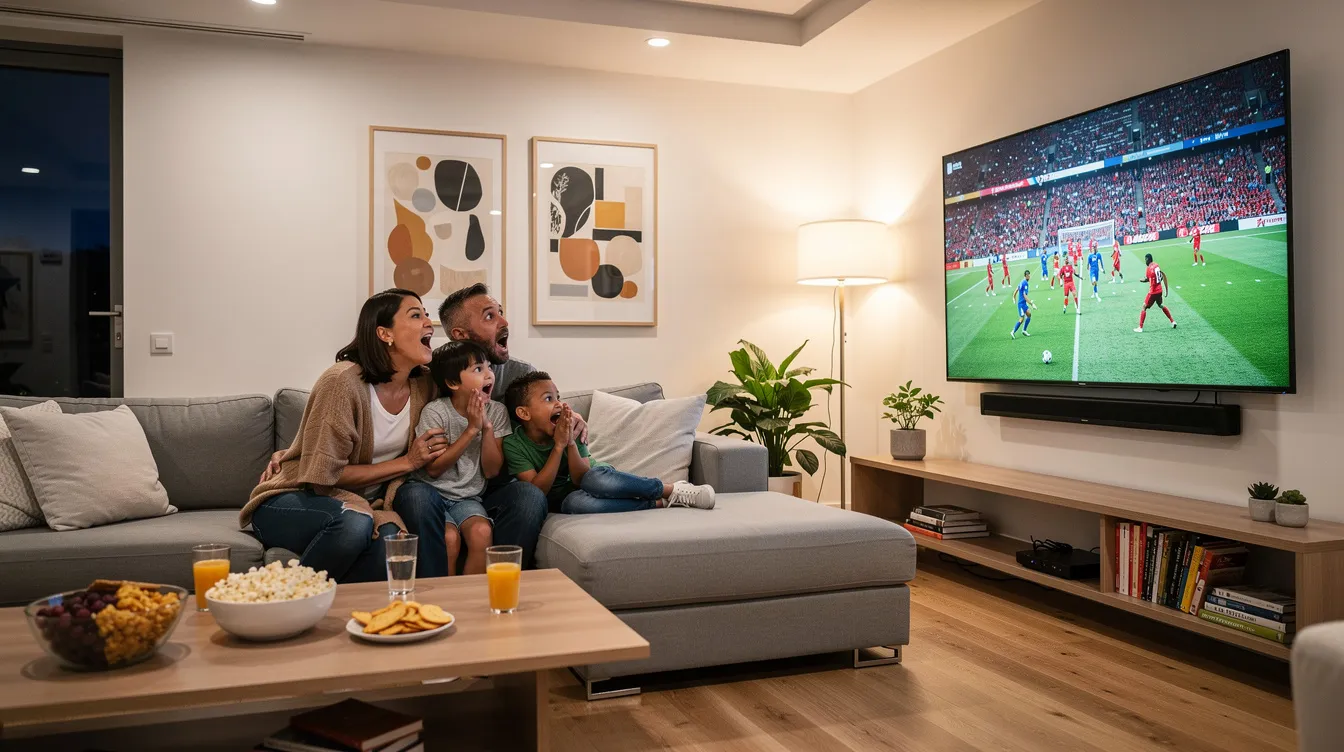 A family is gathered in a modern living room, enjoying a sports game together on a large smart TV. The scene captures the excitement of live sports, showcasing the comfort of family bonding while watching their favorite teams on a stable internet connection, highlighting the advantages of IPTV services.