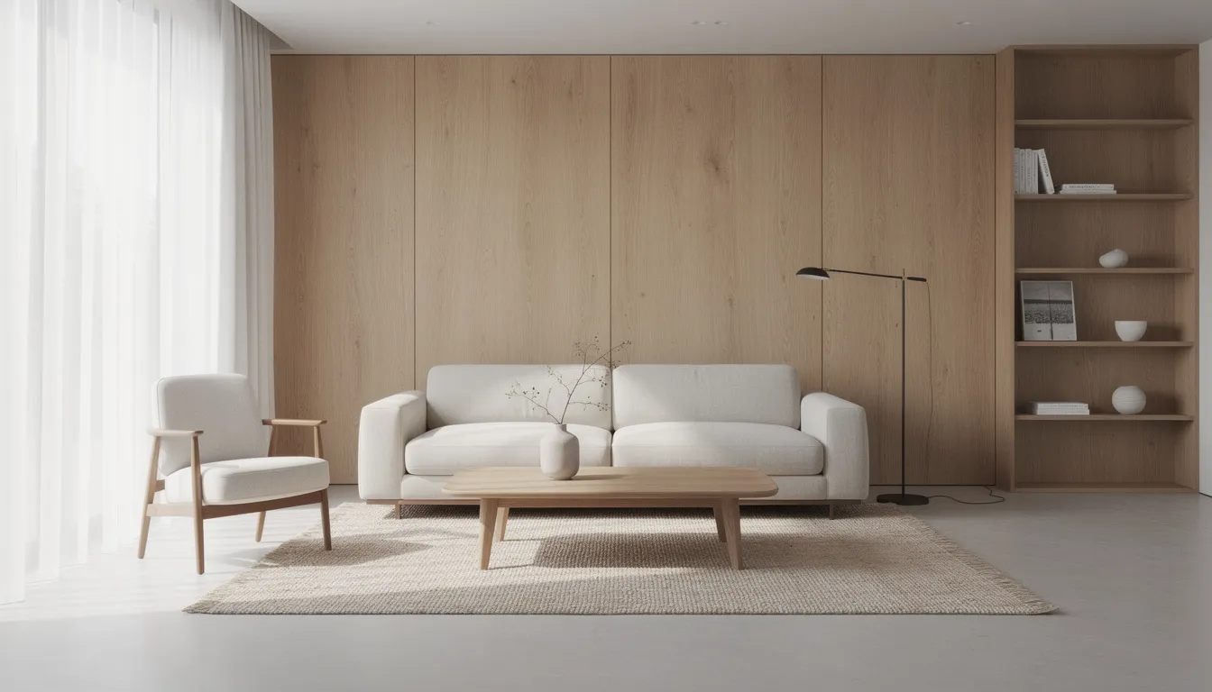 Een lichte Japandi woonkamer met elegante eiken wandpanelen en minimalistische meubels, die samen een rustige uitstraling en unieke sfeer creëren. De combinatie van natuurlijke materialen en stijlvolle toevoegingen maakt het tot een echte eyecatcher in het interieur.