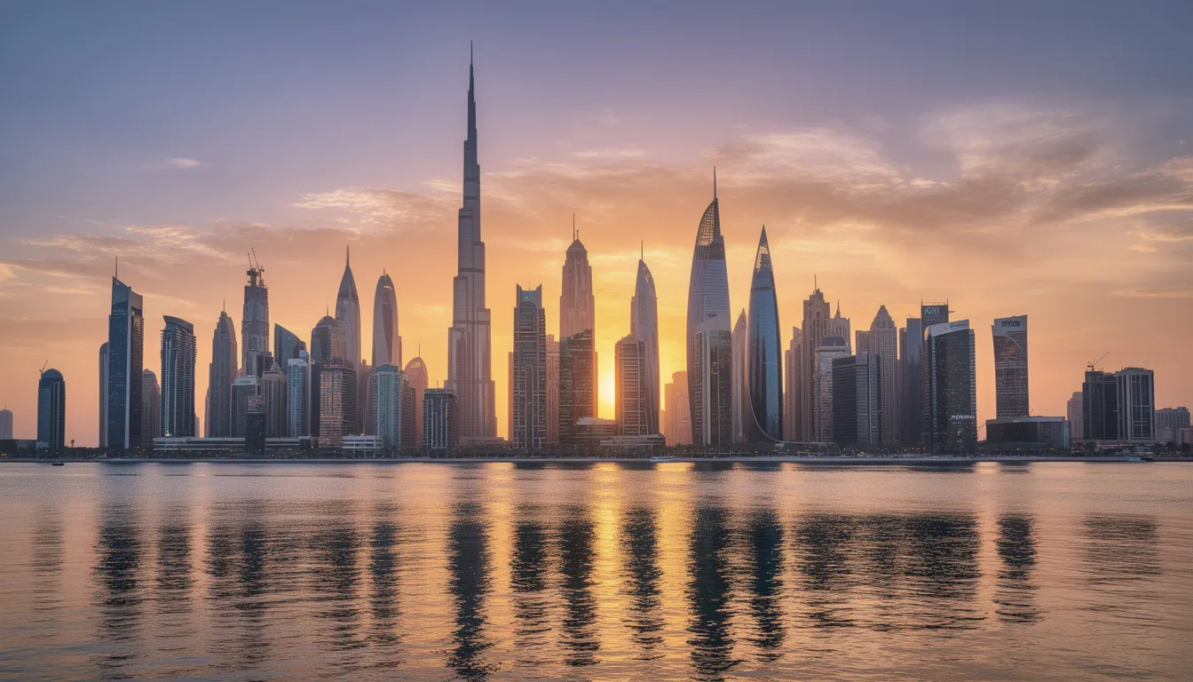 Une vue panoramique de la skyline de Dubaï dévoile ses gratte-ciels modernes illuminés par les couleurs chaudes du coucher du soleil, symbolisant le dynamisme et le luxe des Émirats Arabes Unis. Cette image évoque la vie d'expatriés dans cette ville fascinante, où chaque détail reflète l'opportunité et la modernité.