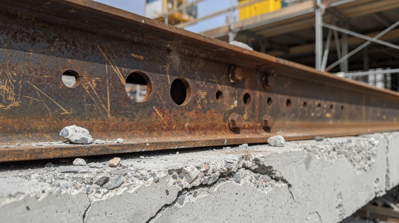 The image features a close-up view of weathered steel beams and rough concrete textures found at a construction site, highlighting the raw materials often used in building projects. This visual representation can evoke a strong brand identity for construction companies, emphasizing durability and strength in their marketing materials.