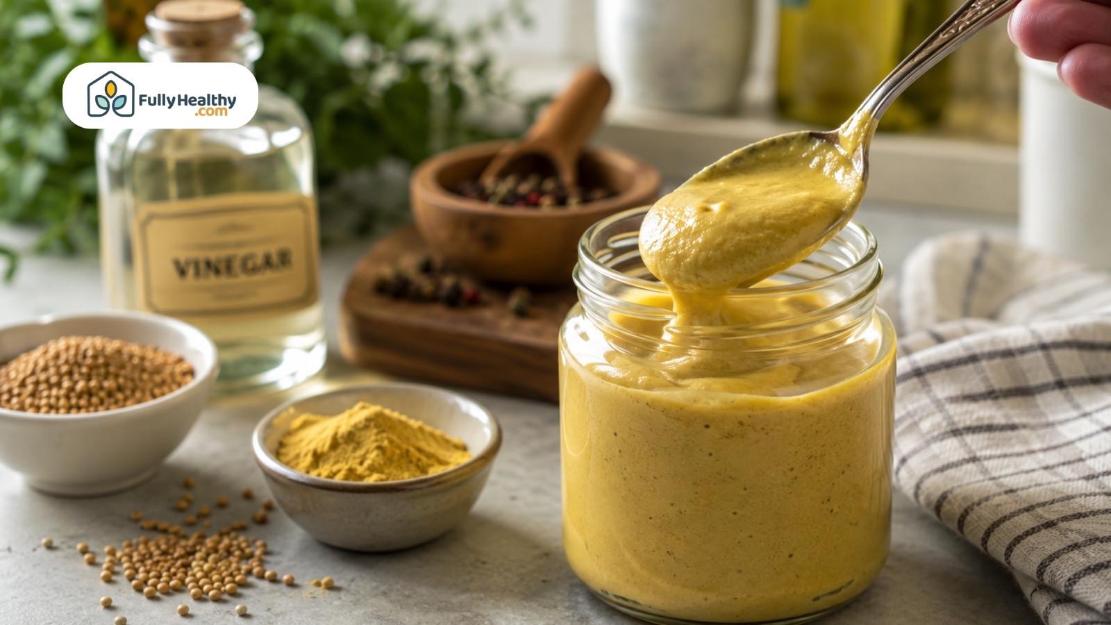 Spoon lifting fresh yellow mustard from jar beside seeds and vinegar