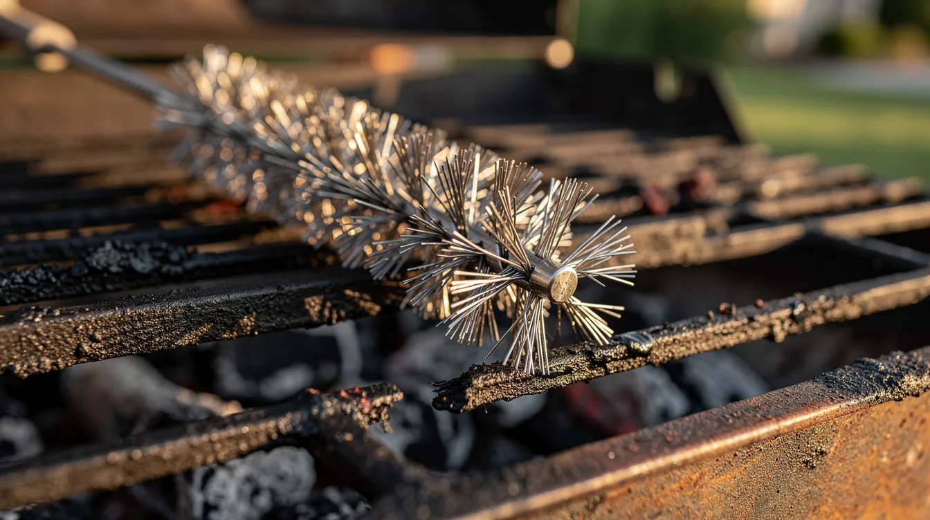 A close-up image shows a wire bristle grill brush resting on a backyard grill grate, highlighting the sturdy wire bristles designed for effective cleaning. This image emphasizes the importance of grill safety and the potential risks associated with bristle ingestion.