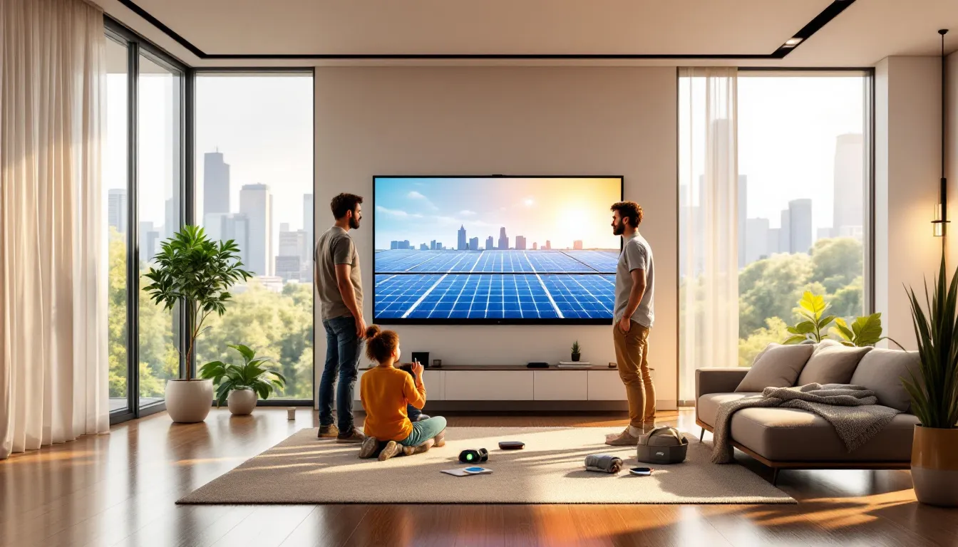 A family discussing solar panel installation options at home.